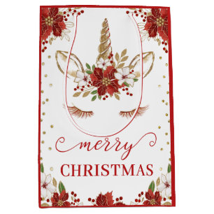Red & Gold Poinsettia Unicorn Face Merry Christmas Medium Gift Bag