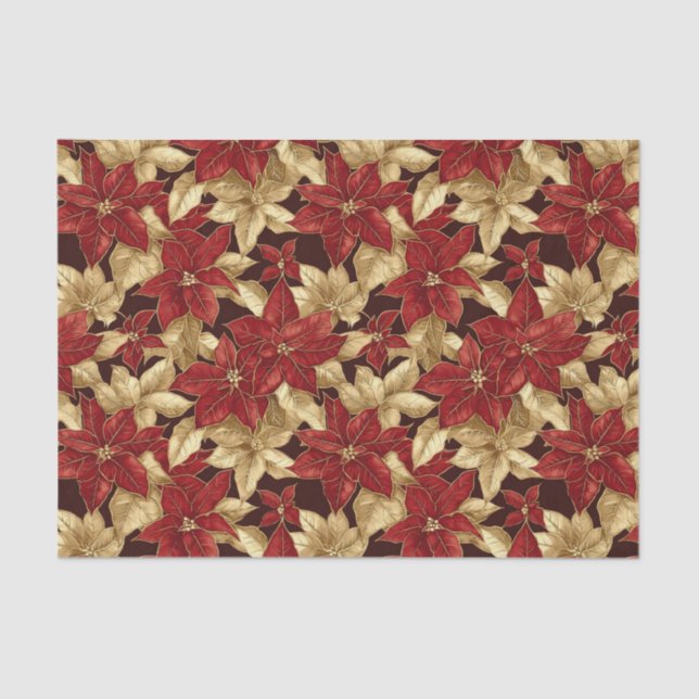 Red Gold Poinsettias Vintage Christmas Tissue Paper (Front)