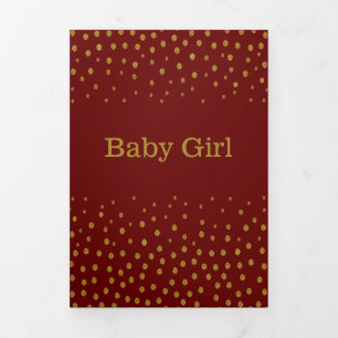 Red & Gold Polka Dot, 3 Photo Collage Baby Birth Tri-Fold Announcement