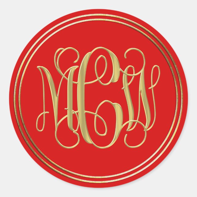 Red Gold Preppy Vine Script Monogram DIY BG Classic Round Sticker (Front)