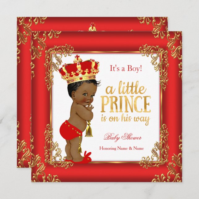 Red Gold Prince Baby Shower Damask Ethnic Boy Invitation (Front/Back)