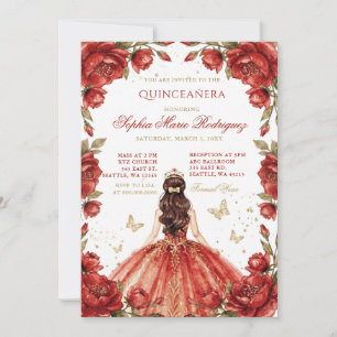 Red Gold Princess Floral Tiara Quinceañera Invitation