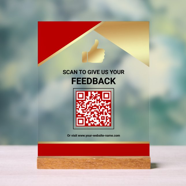 Red Gold QR Code Customer Feedback Review Acrylic Sign (Neutral)