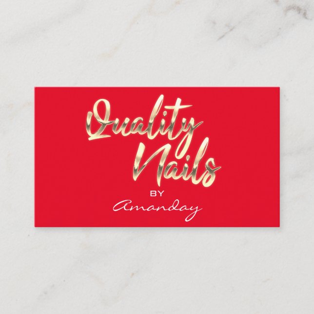 Red Gold Quality Nails Script Frame QRCode Logo  Business Card (Front)
