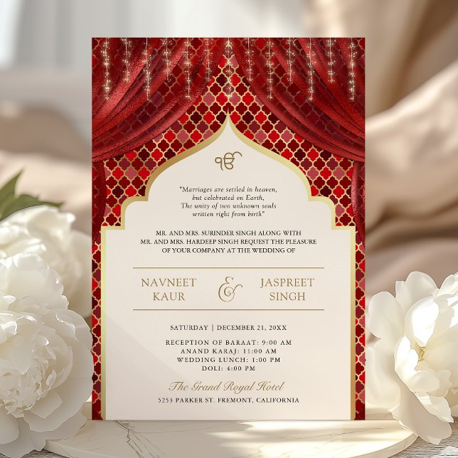Red Gold Quatrefoil QR Code Sikh Wedding Invitation (Creator Uploaded)