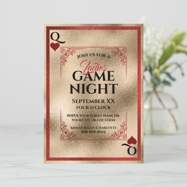 Red & Gold Queen of Hearts Ladies Game Night Invitation (Standing Front)