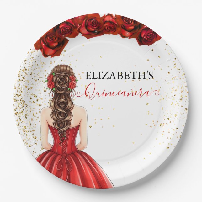 Red & Gold Quinceañera Custom Paper Plate (Front)