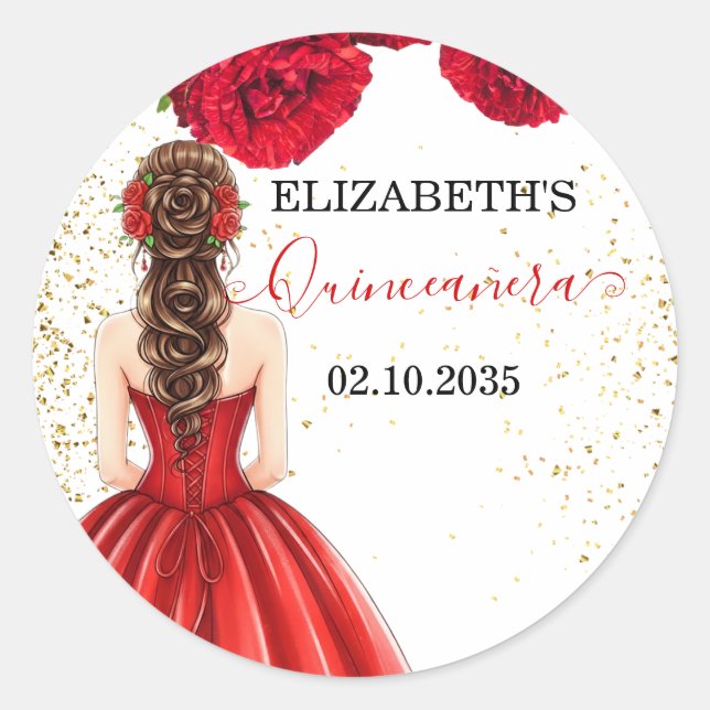Red & Gold Quinceañera Custom Round Sticker (Front)