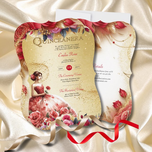 Red Gold Quinceanera Dress Ceremony Reception     Invitation (Creator Uploaded)
