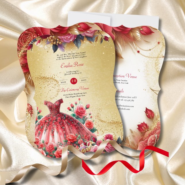 Red Gold Quinceanera Dress Ceremony Reception     Invitation (Creator Uploaded)