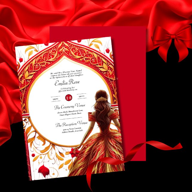 Red Gold Quinceanera Dress Ceremony Reception     Invitation (Creator Uploaded)