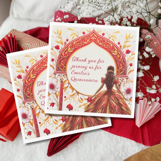 Red Gold Quinceañera Dress Custom Napkin (Creator Uploaded)