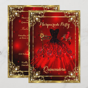 Red Gold Quinceanera Dress Masquerade Party Invitation
