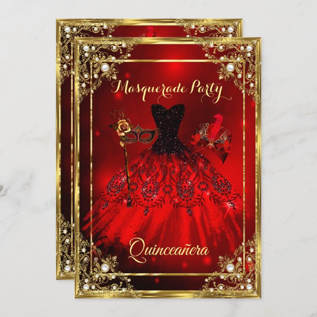 Red Gold Quinceanera Dress Masquerade Party Invitation (Front/Back)