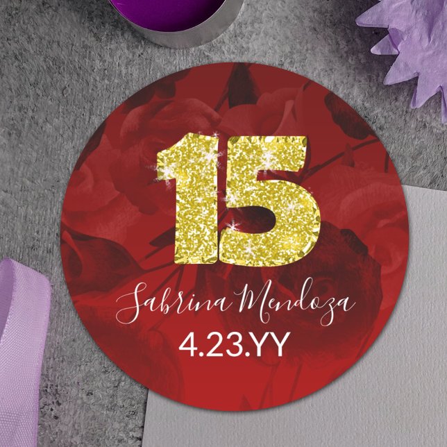 Red, Gold Quinceanera Gold #15 Round Sticker (red and gold number 15 sticker for red quinceanera party favors, envelopes. Gold glitter, red roses)