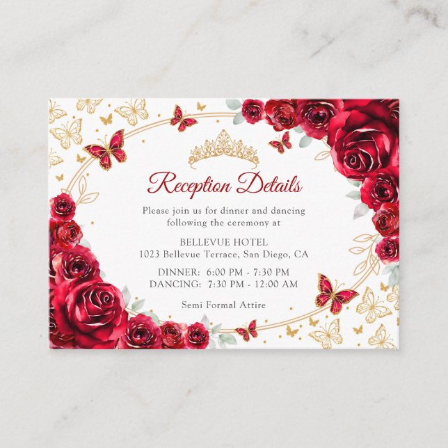 Red Gold Quinceanera Reception Details Enclosure Card (Front)