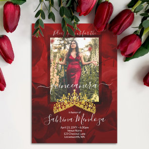 Red, Gold Quinceanera Rhinestone Tiara Invitation