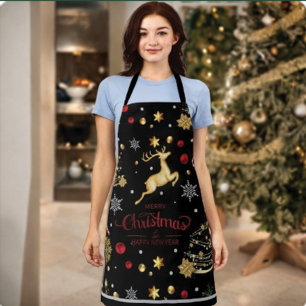 Red  Gold Reindeer Merry Christmas Tree  Apron