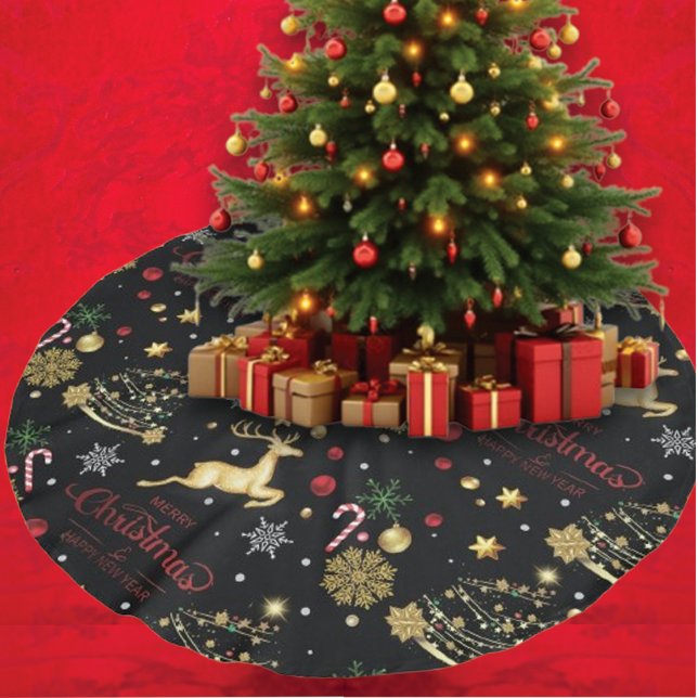 Red  Gold Reindeer Merry Christmas Tree  Brushed Polyester Tree Skirt (Creator Uploaded)