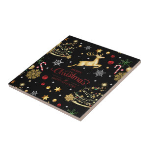 Red Gold Reindeer Merry Christmas Tree Ceramic Tile