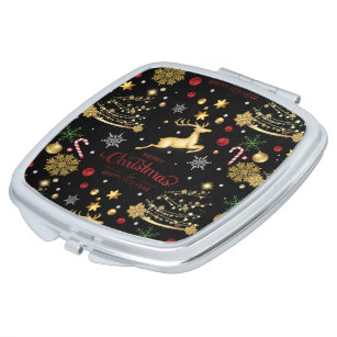 Red  Gold Reindeer Merry Christmas Tree   Compact Mirror