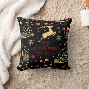 Red Gold Reindeer Merry Christmas Tree Cushion