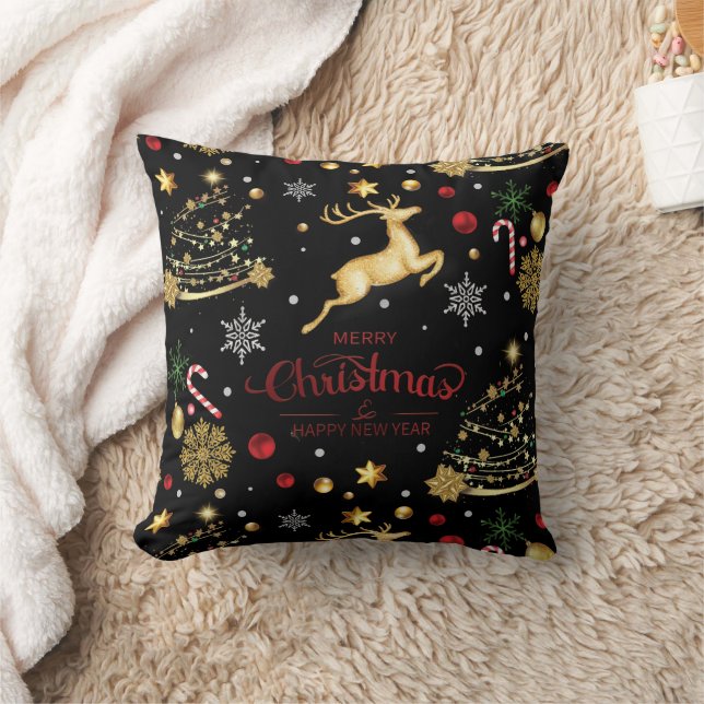 Red  Gold Reindeer Merry Christmas Tree  Cushion (Blanket)