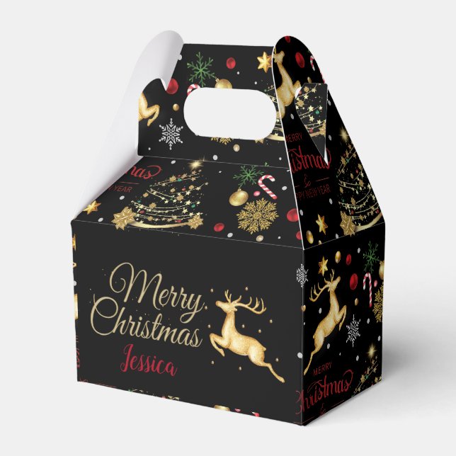 Red  Gold Reindeer Merry Christmas Tree  Favour Box (Front Side)