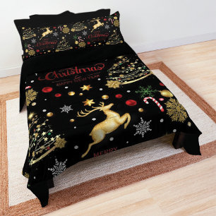 Red  Gold Reindeer Merry Christmas Tree Fleece Blanket