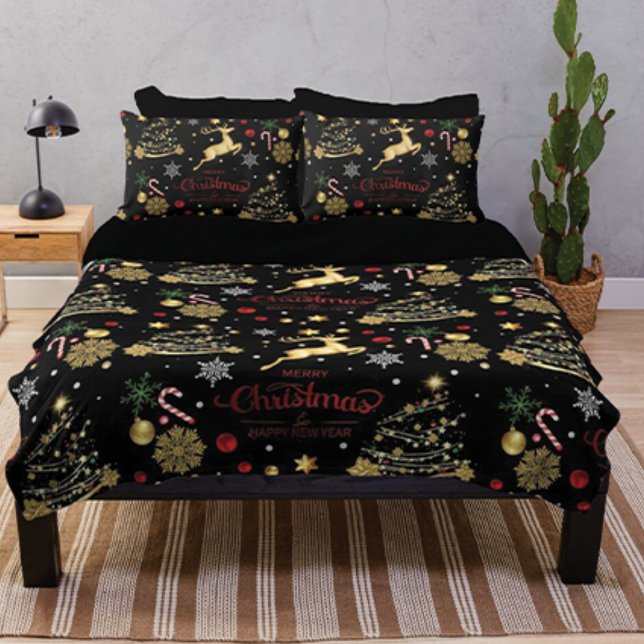 Red  Gold Reindeer Merry Christmas Tree Fleece Blanket (Creator Uploaded)