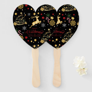 Red  Gold Reindeer Merry Christmas Tree   Hand Fan