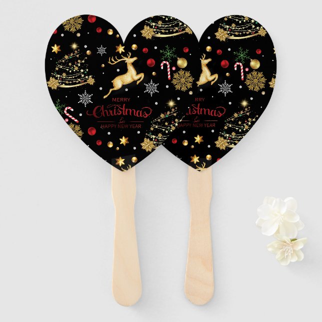 Red  Gold Reindeer Merry Christmas Tree   Hand Fan (Front and Back)