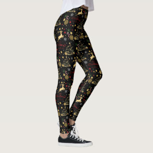 Red Gold Reindeer Merry Christmas Tree Leggings
