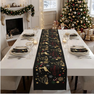 Red Gold Reindeer Merry Christmas Tree Long Table Runner