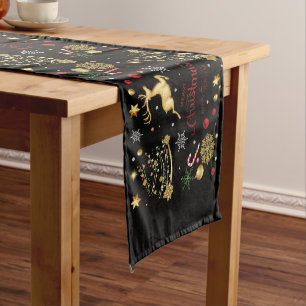 Red Gold Reindeer Merry Christmas Tree Long Table Runner