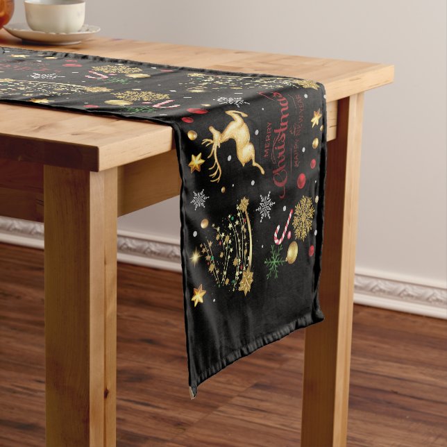 Red  Gold Reindeer Merry Christmas Tree Long Table Runner (In Situ)