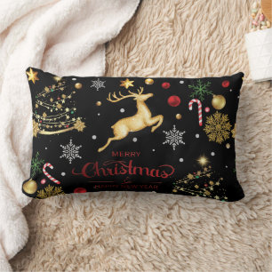 Red Gold Reindeer Merry Christmas Tree Lumbar Cushion