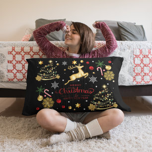 Red Gold Reindeer Merry Christmas Tree Lumbar Cushion