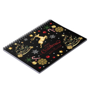 Red Gold Reindeer Merry Christmas Tree Notebook