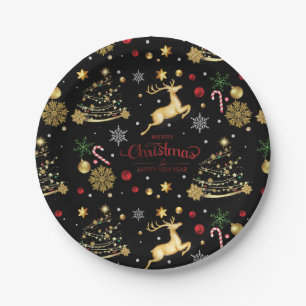 Red  Gold Reindeer Merry Christmas Tree Paper Plate