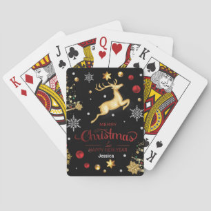 Red Gold Reindeer Merry Christmas Tree Playing Cards