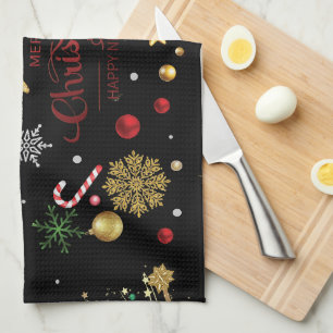 Red Gold Reindeer Merry Christmas Tree Tea Towel