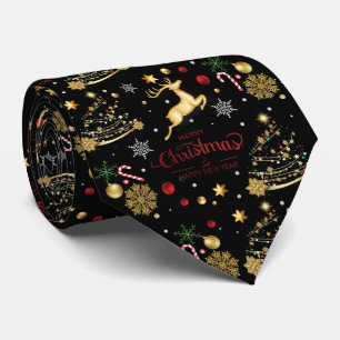 Red Gold Reindeer Merry Christmas Tree Tie