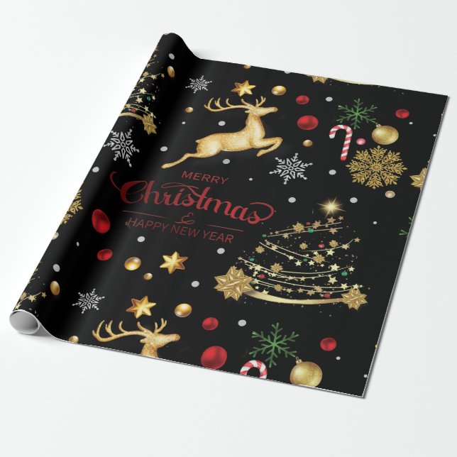 Red  Gold Reindeer Merry Christmas Tree Wrapping P Wrapping Paper (Unrolled)