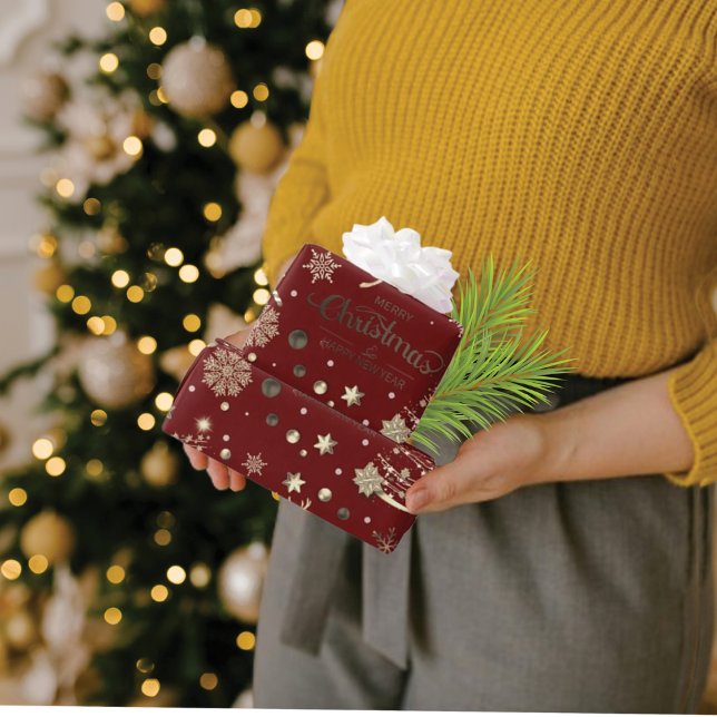 Red  Gold Reindeer Merry Christmas Tree  Wrapping Paper (Creator Uploaded)