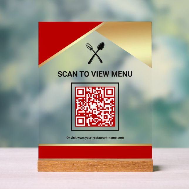 Red Gold Restaurant Digital QR Code Menu Acrylic Sign (Neutral)