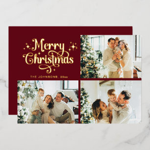 Red & Gold Retro Christmas Family Photo Collage Foil Holiday Card