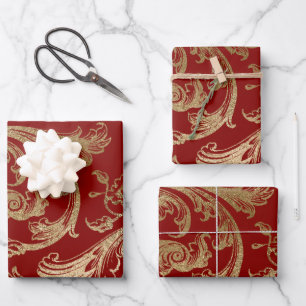 Red Gold Rococo Baroque Swirl Wrapping Paper Sheet