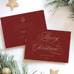 Red & Gold Romantic Merry Christmas Script Flat Holiday Card<br><div class="desc">This simple Christmas flat card features elegant and romantic swirly calligraphy lettering with a winter holly berry bouquet and custom text on the back. For more advanced customisation of this design,  please click the BLUE DESIGN TOOL BUTTON above!</div>