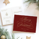 Red & Gold Romantic Merry Christmas Script Holiday Postcard<br><div class="desc">This simple Christmas postcard features elegant and romantic swirly calligraphy lettering with a winter holly berry bouquet and custom text on the back. For more advanced customisation of this design,  please click the BLUE DESIGN TOOL BUTTON above!</div>